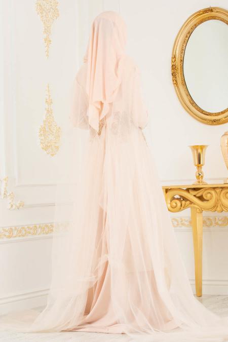 Beige - Tesettürlü Abiye Elbise - Robes de Soirée 70391BEJ - 4
