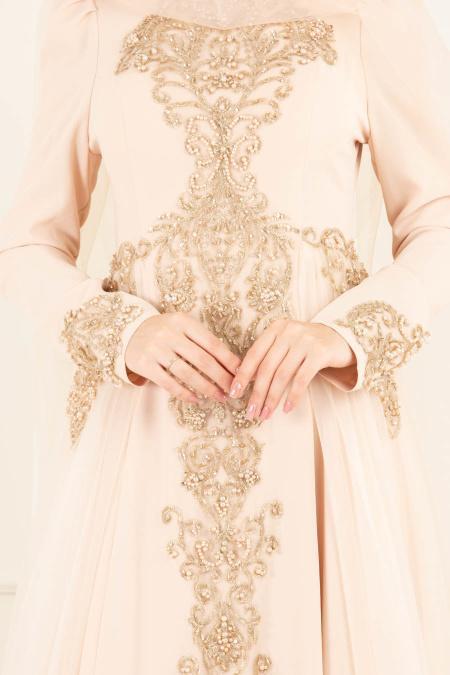Beige - Tesettürlü Abiye Elbise - Robes de Soirée 70391BEJ - 5