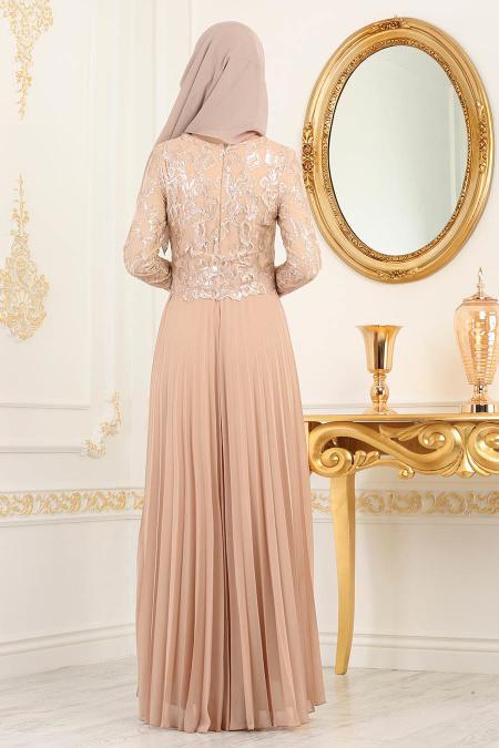 Beige - Tesettürlü Abiye Elbise - Robes de Soirée 8240BEJ - 2