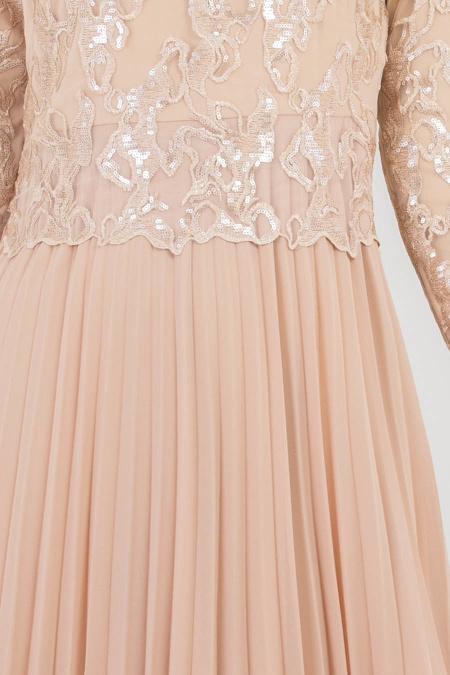 Beige - Tesettürlü Abiye Elbise - Robes de Soirée 8240BEJ - 3