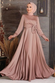Neva Style - Beige Turkish Hijab Evening Gown 1420BEJ - Thumbnail
