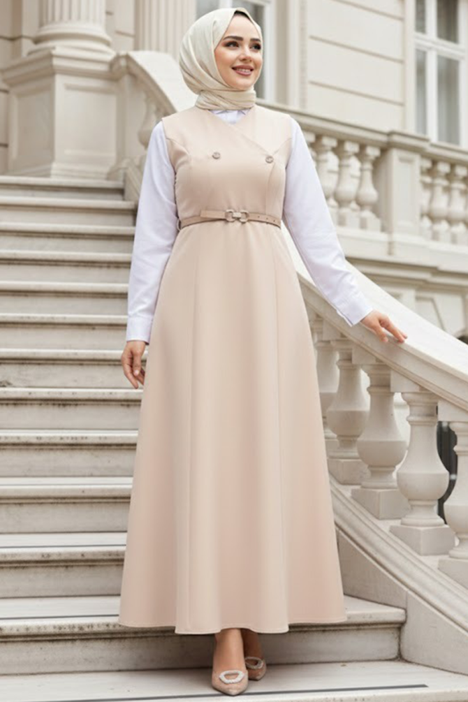 Bej Tesettür Jile Elbise 62081BEJ - NEVA STYLE