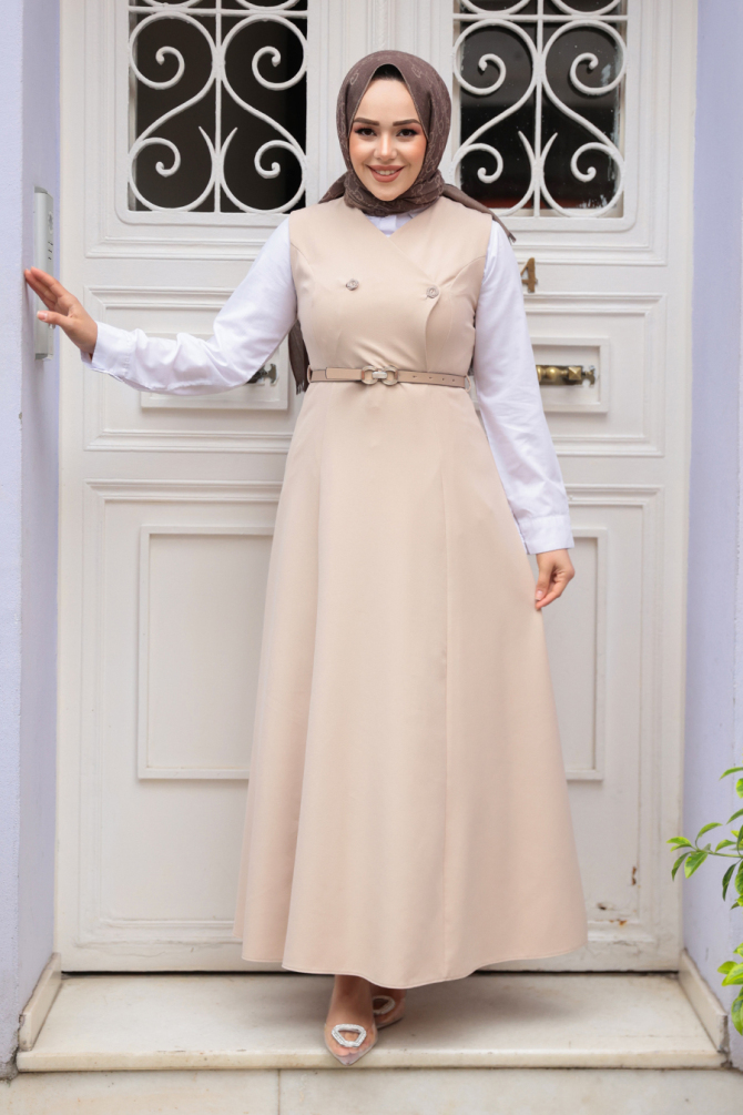 Bej Tesettür Jile Elbise 62081BEJ - 1