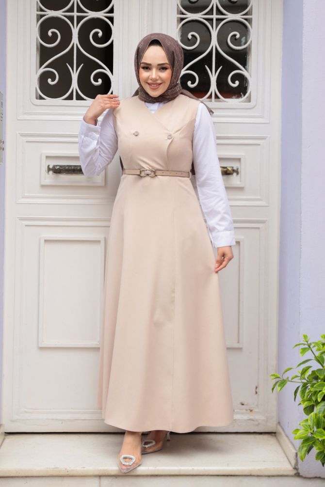 Bej Tesettür Jile Elbise 62081BEJ - 2