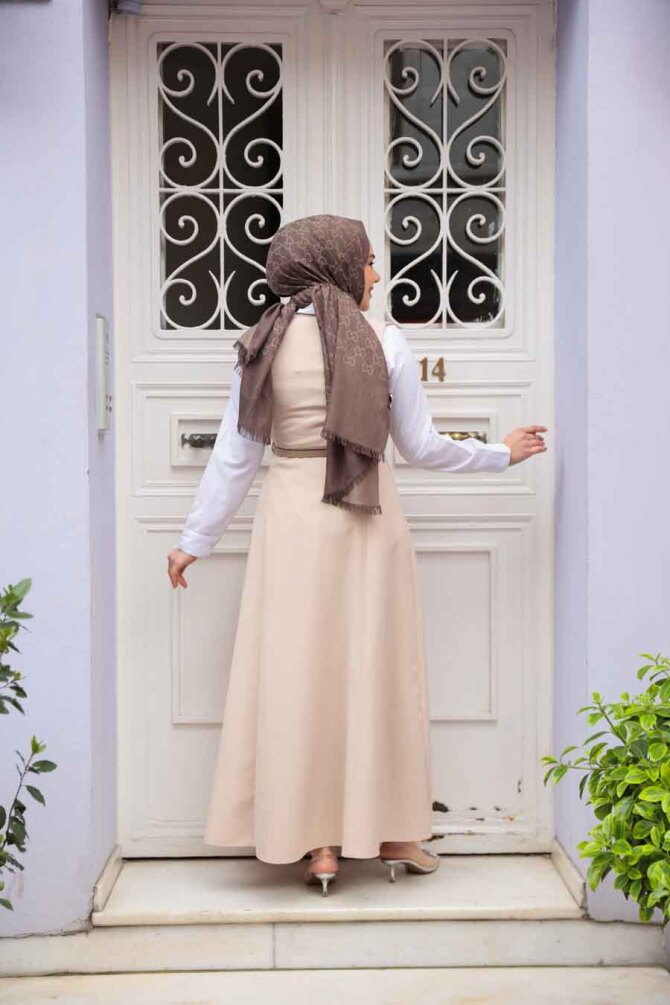 Bej Tesettür Jile Elbise 62081BEJ - 3