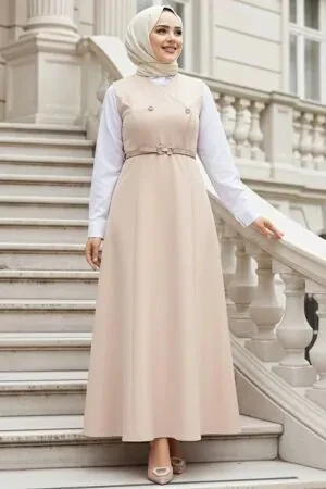 Bej Tesettür Jile Elbise 62081BEJ 