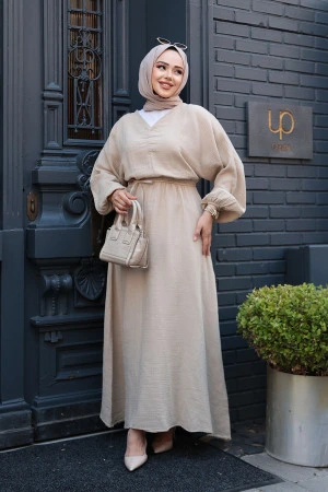Bej Tesettür Müslin Elbise 19033BEJ - 2