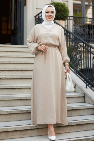 Bej Tesettür Müslin Elbise 19033BEJ 