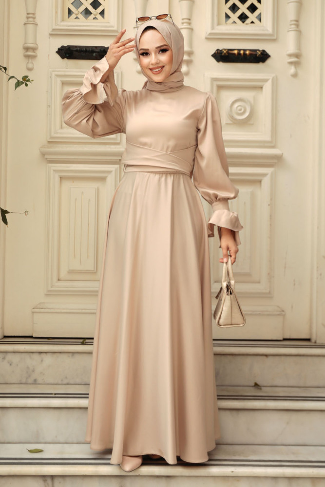 Bej Tesettür Saten Abiye Elbise 5983BEJ - 2