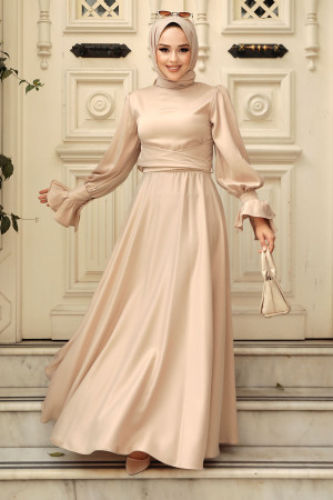Bej Tesettür Saten Abiye Elbise 5983BEJ - 3