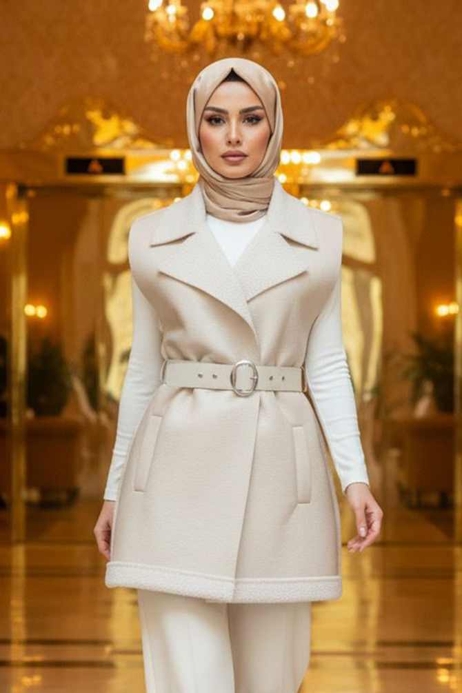 Bej Tesettür Suni Deri Yelek 62371BEJ - N.S NEVA STYLE