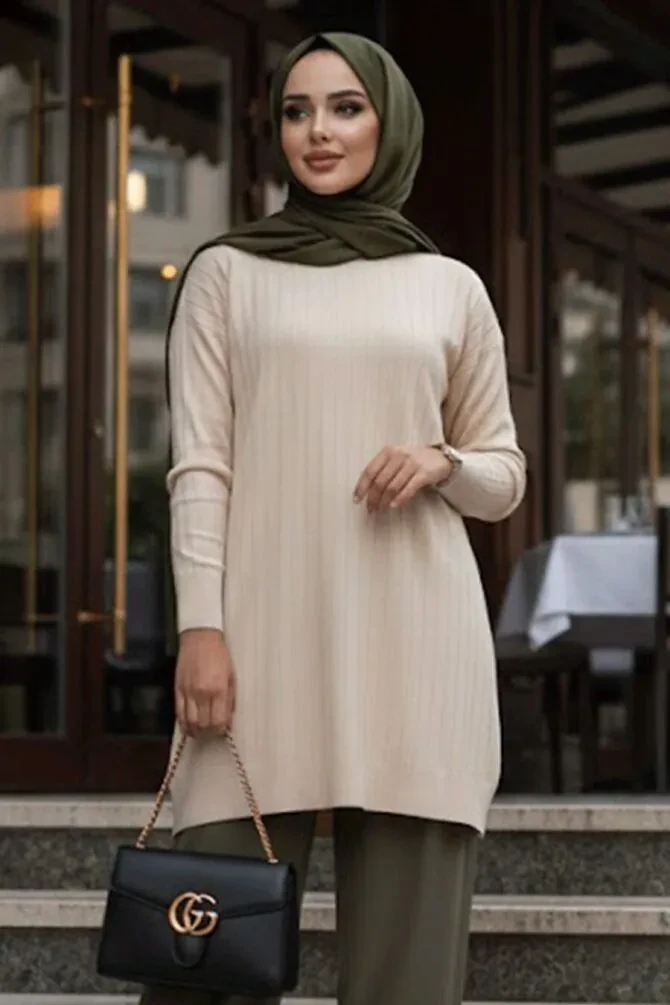 Bej Tesettür Triko Kazak Tunik 17210BEJ - 1