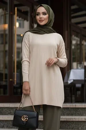Bej Tesettür Triko Kazak Tunik 17210BEJ 