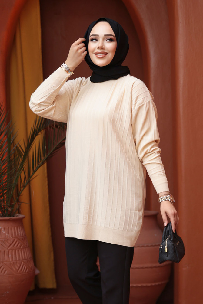 Bej Tesettür Triko Kazak Tunik 17210BEJ - N.S NEVA STYLE