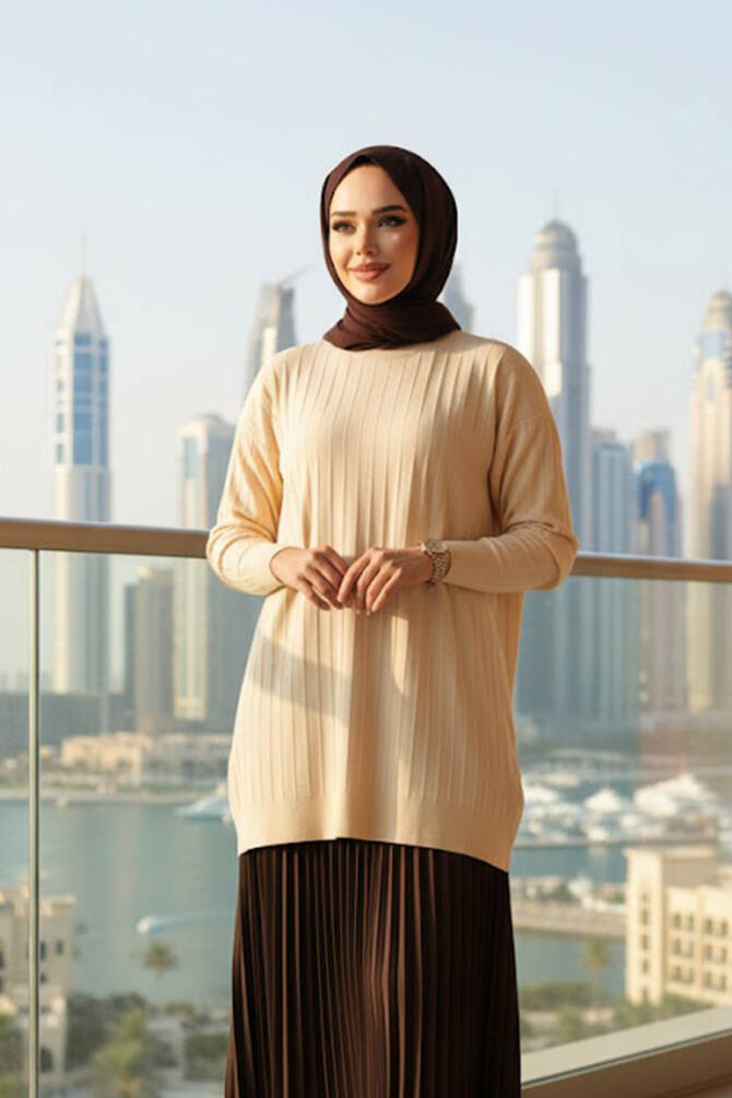Bej Tesettür Triko Kazak Tunik 17210BEJ - N.S NEVA STYLE