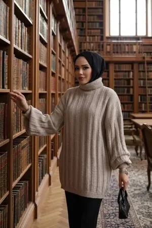 Bej Tesettür Triko Kazak Tunik 27502BEJ 