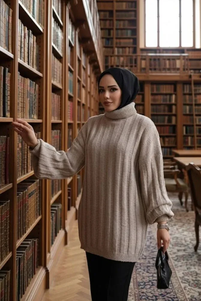 Bej Tesettür Triko Kazak Tunik 27502BEJ - 1
