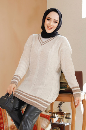 Bej Tesettür Triko Kazak Tunik 40673BEJ - 1