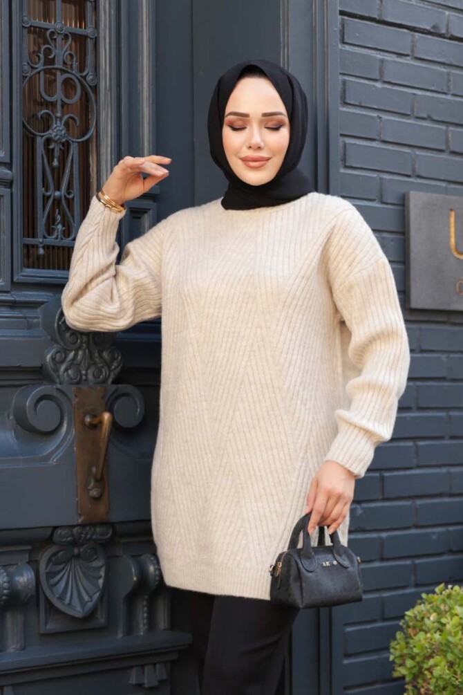 Bej Tesettür Triko Kazak Tunik 7852BEJ - 2