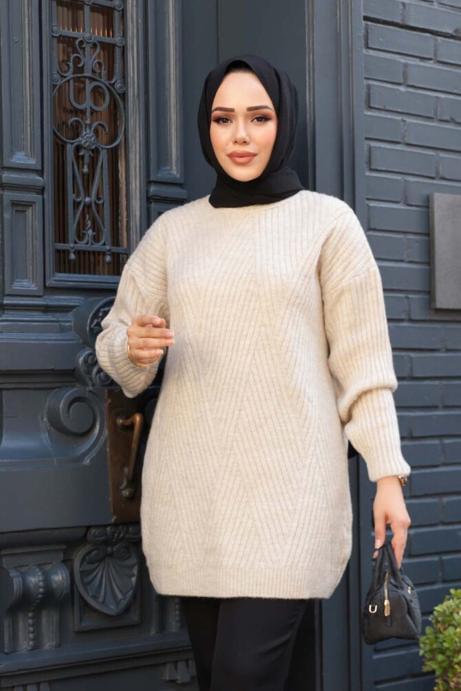Bej Tesettür Triko Kazak Tunik 7852BEJ - 3