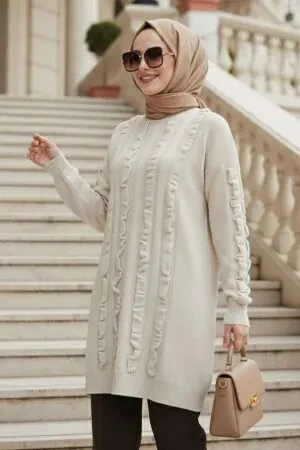 Bej Tesettür Triko Kazak Tunik 87703BEJ - 1
