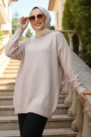 Bej Tesettür Triko Kazak Tunik 8824BEJ 