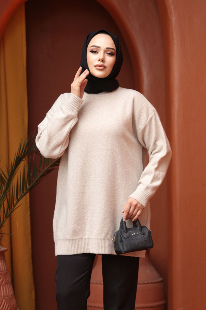 Bej Tesettür Triko Kazak Tunik 8824BEJ - 2