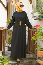 Belden Bağcıklı Siyah Tesettür Elbise 3441S - Thumbnail