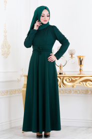 Belden Kemer Detaylı Koyu Yeşil Tesettür Elbise 20960KY - Thumbnail