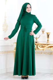 Belden Kemer Detaylı Yeşil Tesettür Elbise 20960Y - Thumbnail