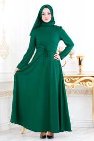 Belden Kemer Detaylı Yeşil Tesettür Elbise 20960Y - Thumbnail