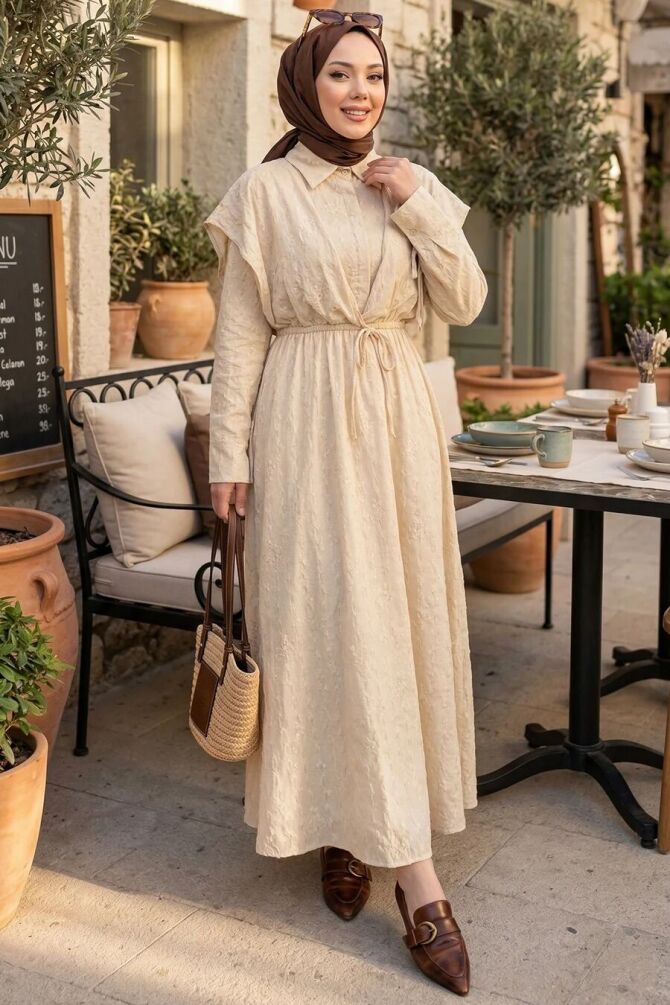 Belden Tie-Neck Beige Modest Dress 20231BEJ - 1