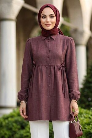 Beli Büzgülü Düğmeli Gül Kurusu Tesettür Tunik 51091GK 