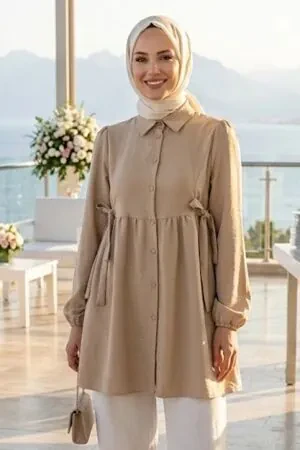 Beli Büzgülü Düğmeli Koyu Bej Tesettür Tunik 51091KBEJ 