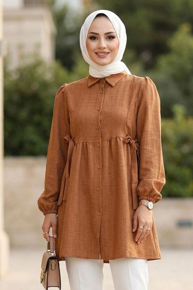 Beli Büzgülü Düğmeli Taba Tesettür Tunik 51091TB - 1