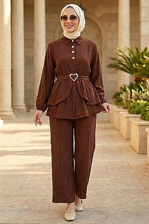 Belt-Detail Brown Strawberry-texture fabric Modest Set 30390KH 