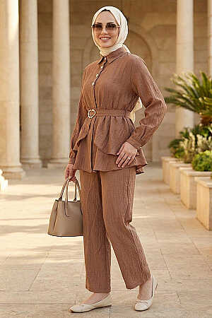 Belt-Detail Camel Strawberry-texture fabric Modest Set 30390C 