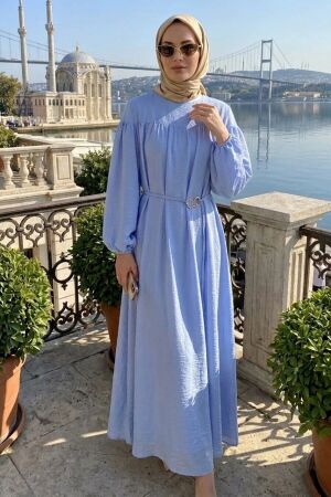 Belt-Detail Gather Collared Blue Modest Dress 5325M 