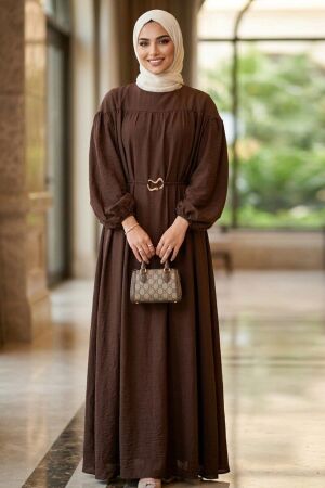 Belt-Detail Gather Collared Brown Modest Dress 5325KH 