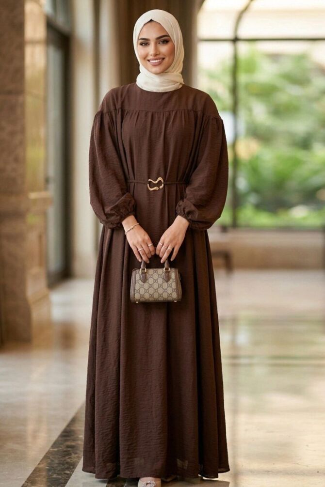 Belt-Detail Gather Collared Brown Modest Dress 5325KH - 1