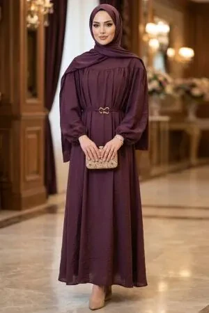 Belt-Detail Gather Collared Plum Modest Dress 5325MU 