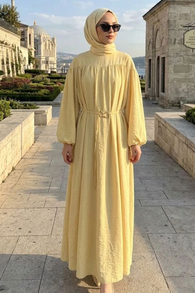 Belt-Detail Gather Collared Yellow Modest Dress 5325SR - 1