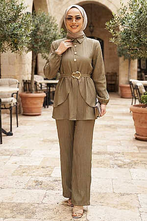 Belt-Detail Light Khaki Strawberry-texture fabric Modest Set 30390AHK 