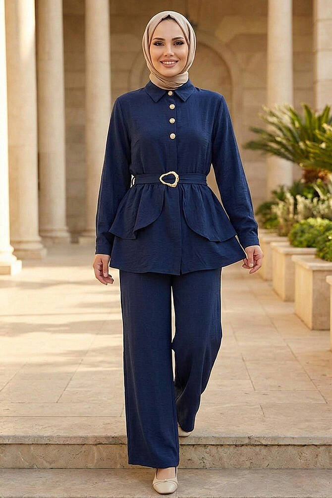 Belt-Detail Navy Blue Strawberry-texture fabric Modest Set 30390L - 1