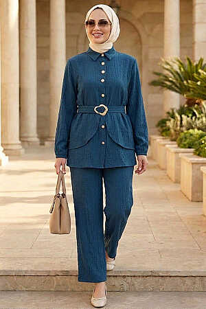Belt-Detail Petrol Blue Strawberry-texture fabric Modest Set 30390PM - 1
