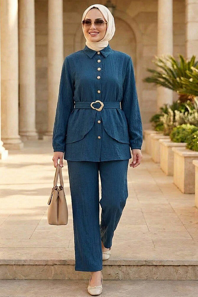 Belt-Detail Petrol Blue Strawberry-texture fabric Modest Set 30390PM - 1