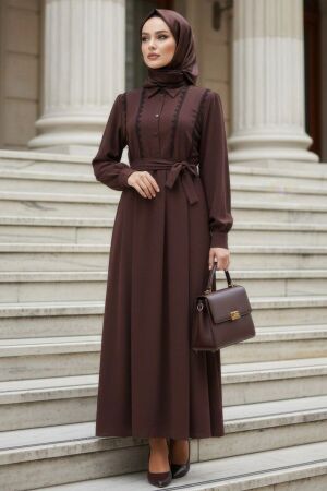 Belted Brown Modest Dress 10308KH 