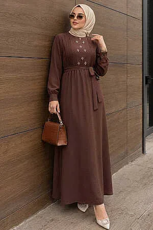 Belted Brown Modest Dress 10309KH - 1