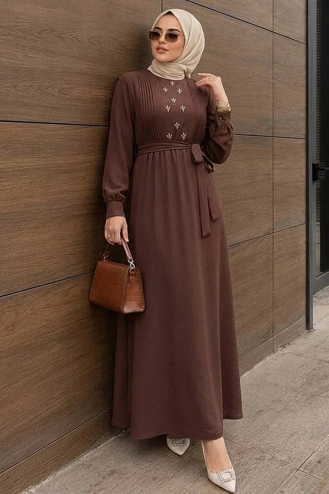 Belted Brown Modest Dress 10309KH - 1