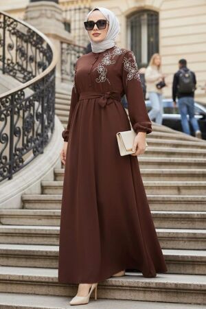 Belted Brown Modest Dress 30550KH - 1